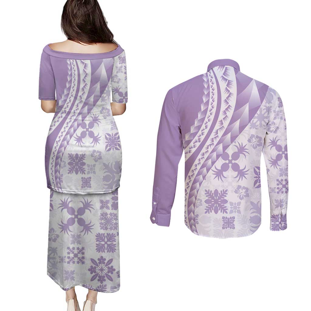 Purple Hawaiian Quilt Pattern Couples Matching Puletasi and Long Sleeve Button Shirt Mixed Polynesian Tribal Arty