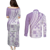 Purple Hawaiian Quilt Pattern Couples Matching Puletasi and Long Sleeve Button Shirt Mixed Polynesian Tribal Arty