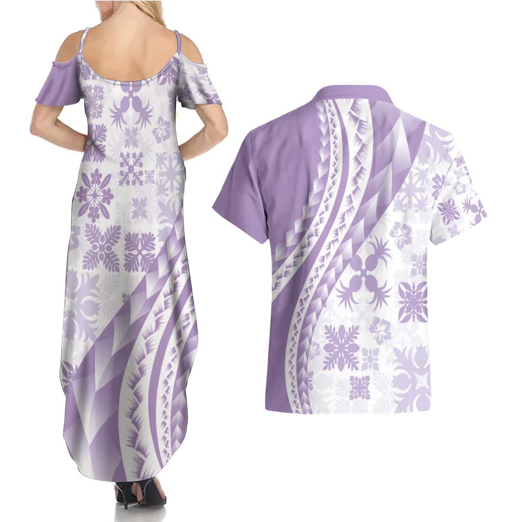 Purple Hawaiian Quilt Pattern Couples Matching Summer Maxi Dress and Hawaiian Shirt Mixed Polynesian Tribal Arty