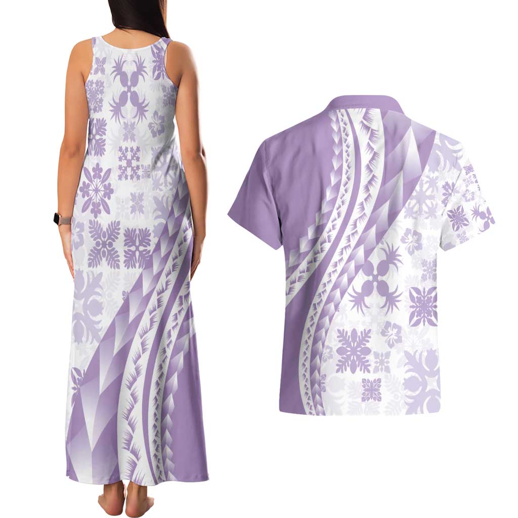 Purple Hawaiian Quilt Pattern Couples Matching Tank Maxi Dress and Hawaiian Shirt Mixed Polynesian Tribal Arty