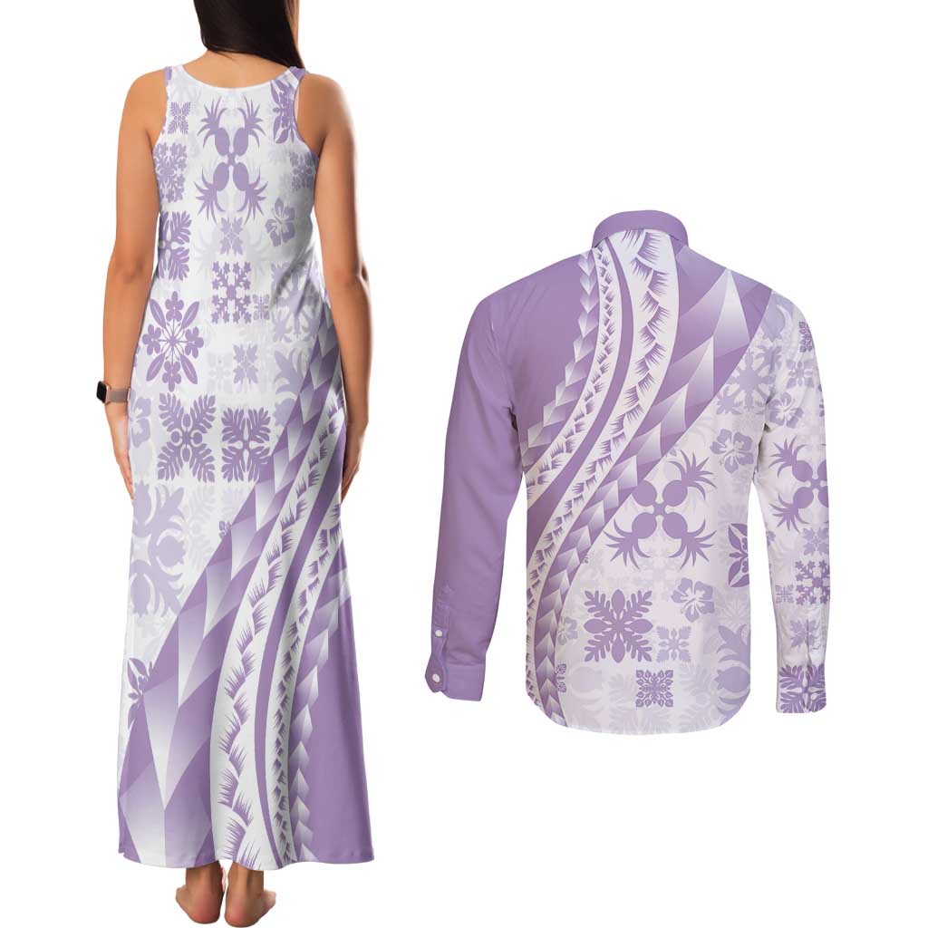Purple Hawaiian Quilt Pattern Couples Matching Tank Maxi Dress and Long Sleeve Button Shirt Mixed Polynesian Tribal Arty