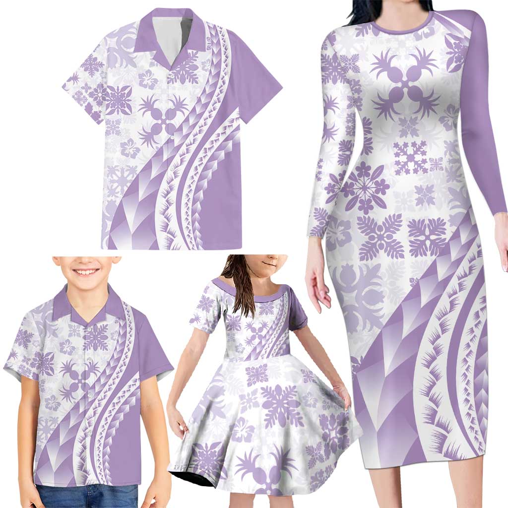 Purple Hawaiian Quilt Pattern Family Matching Long Sleeve Bodycon Dress and Hawaiian Shirt Mixed Polynesian Tribal Arty