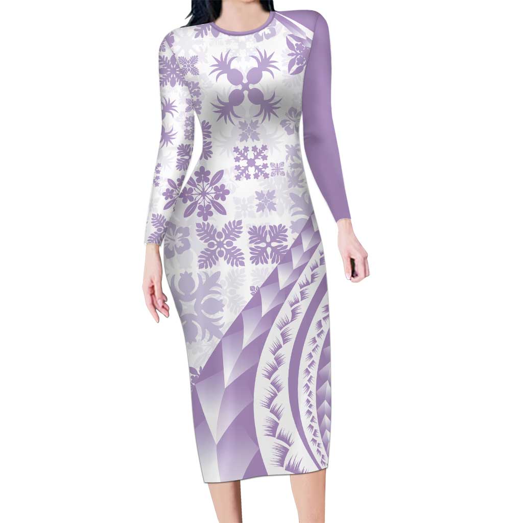 Purple Hawaiian Quilt Pattern Family Matching Long Sleeve Bodycon Dress and Hawaiian Shirt Mixed Polynesian Tribal Arty