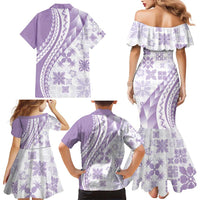 Purple Hawaiian Quilt Pattern Family Matching Mermaid Dress and Hawaiian Shirt Mixed Polynesian Tribal Arty