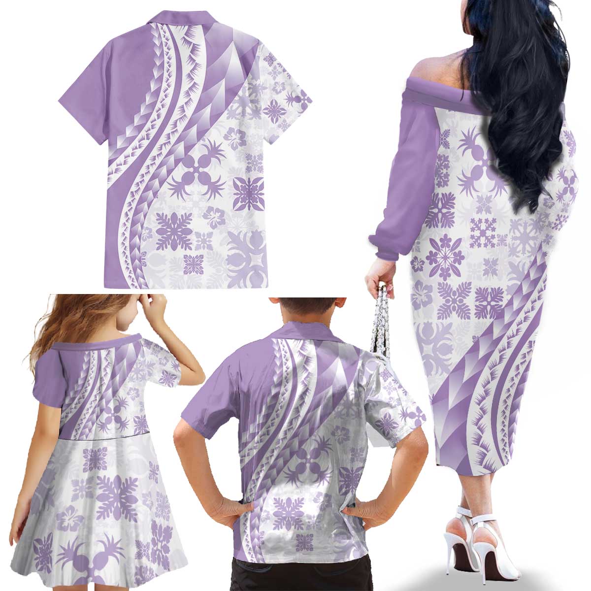 Purple Hawaiian Quilt Pattern Family Matching Off The Shoulder Long Sleeve Dress and Hawaiian Shirt Mixed Polynesian Tribal Arty