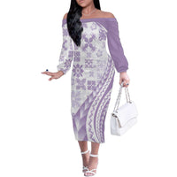 Purple Hawaiian Quilt Pattern Family Matching Off The Shoulder Long Sleeve Dress and Hawaiian Shirt Mixed Polynesian Tribal Arty