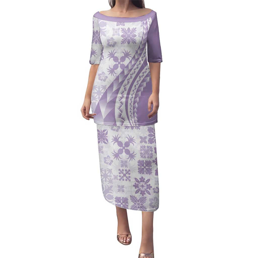 Purple Hawaiian Quilt Pattern Family Matching Puletasi and Hawaiian Shirt Mixed Polynesian Tribal Arty