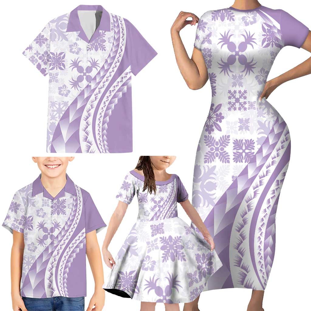 Purple Hawaiian Quilt Pattern Family Matching Short Sleeve Bodycon Dress and Hawaiian Shirt Mixed Polynesian Tribal Arty