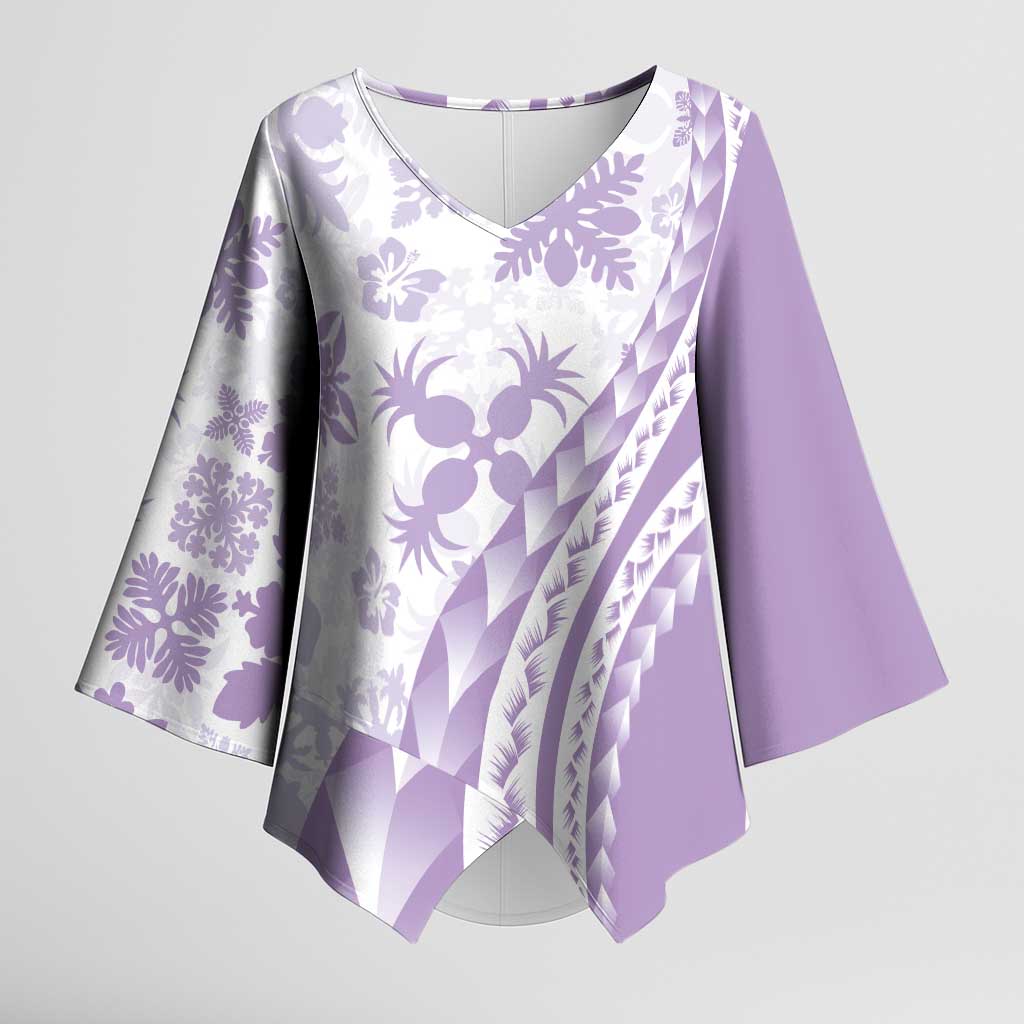 Purple Hawaiian Quilt Pattern Kimono Sleeve Blouse Mixed Polynesian Tribal Arty - Polynesian Pride