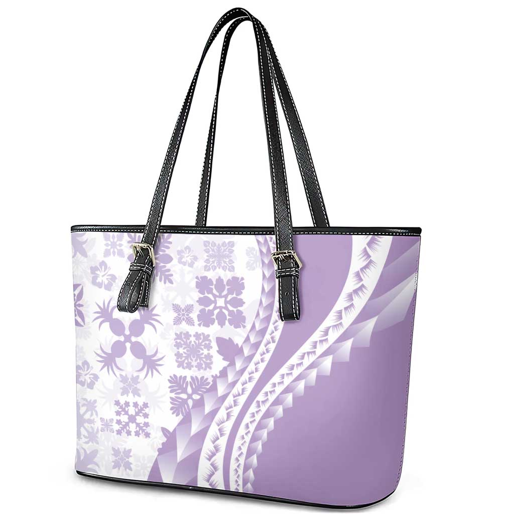 Purple Hawaiian Quilt Pattern Leather Tote Bag Mixed Polynesian Tribal Arty