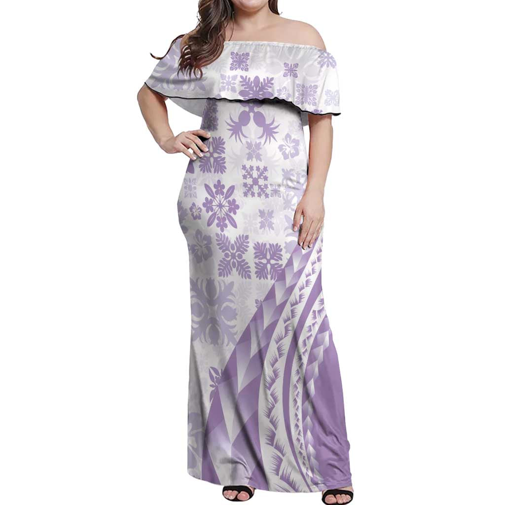 Purple Hawaiian Quilt Pattern Off Shoulder Maxi Dress Mixed Polynesian Tribal Arty