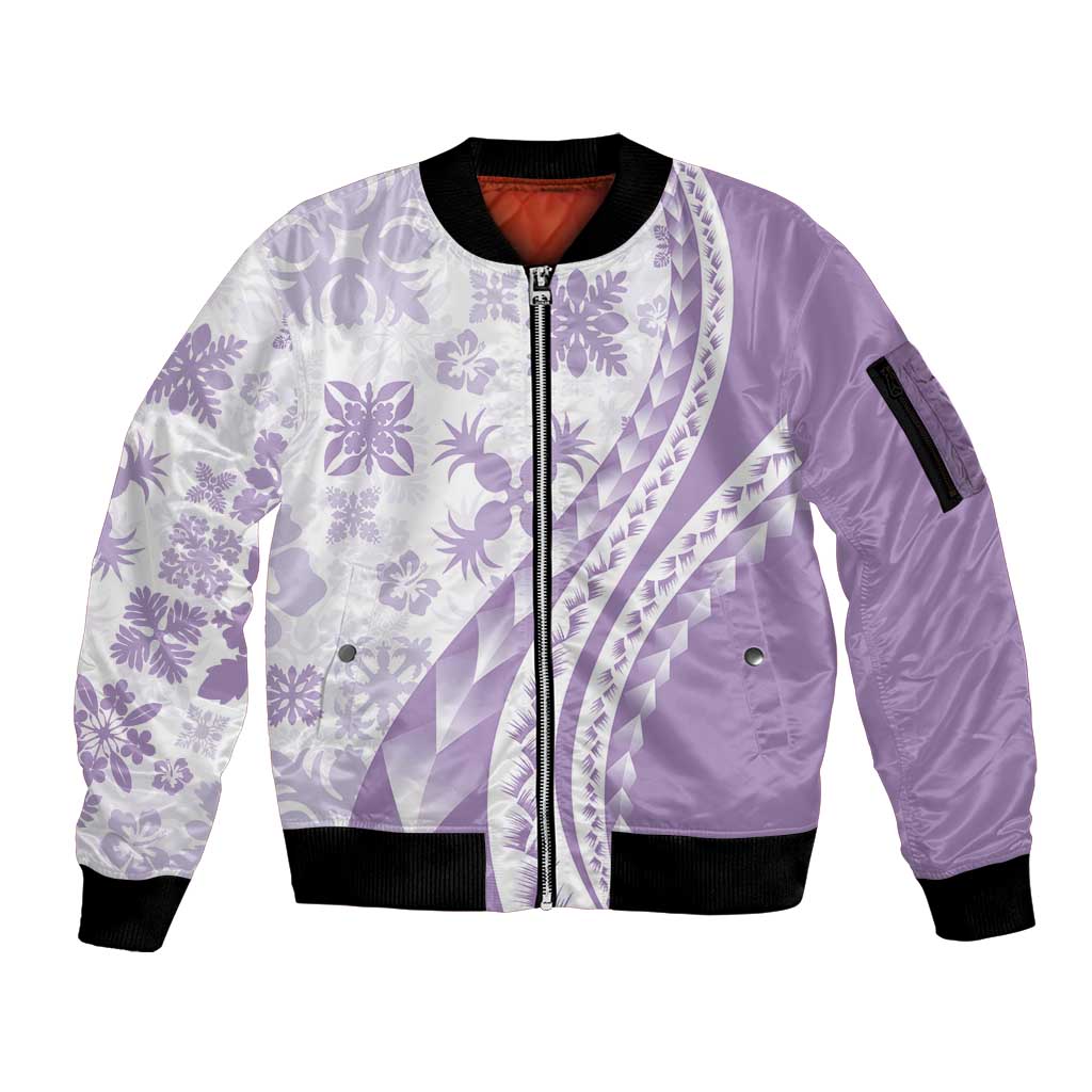 Purple Hawaiian Quilt Pattern Sleeve Zip Bomber Jacket Mixed Polynesian Tribal Arty