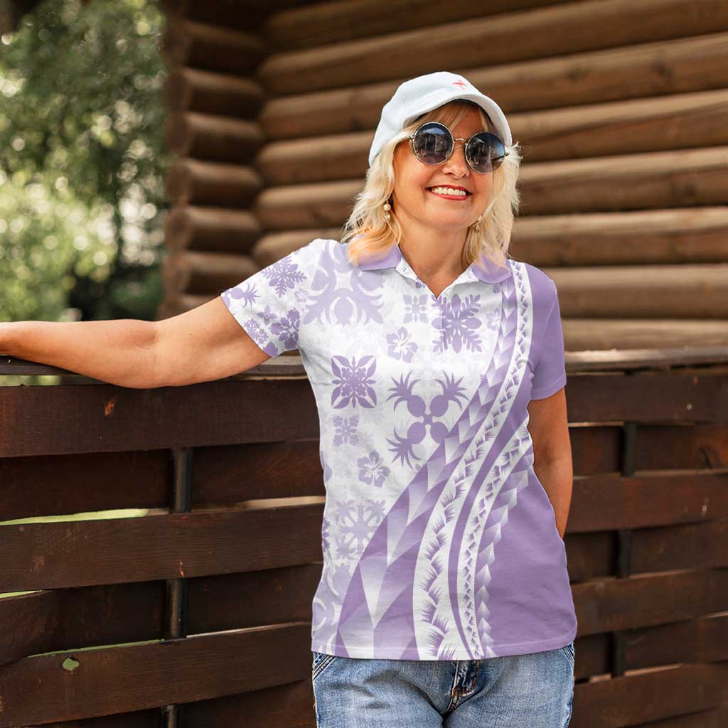 Purple Hawaiian Quilt Pattern Women Polo Shirt Mixed Polynesian Tribal Arty
