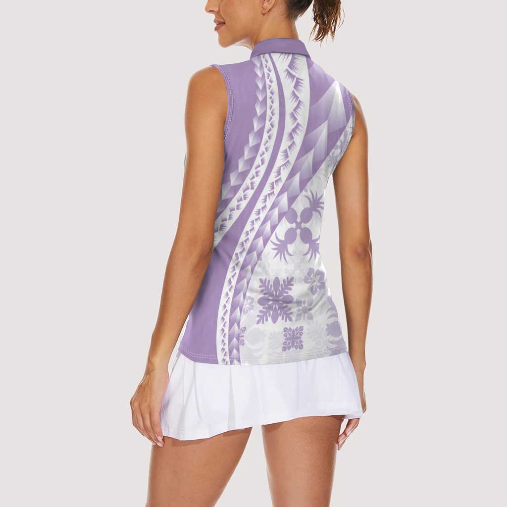 Purple Hawaiian Quilt Pattern Women Sleeveless Polo Shirt Mixed Polynesian Tribal Arty