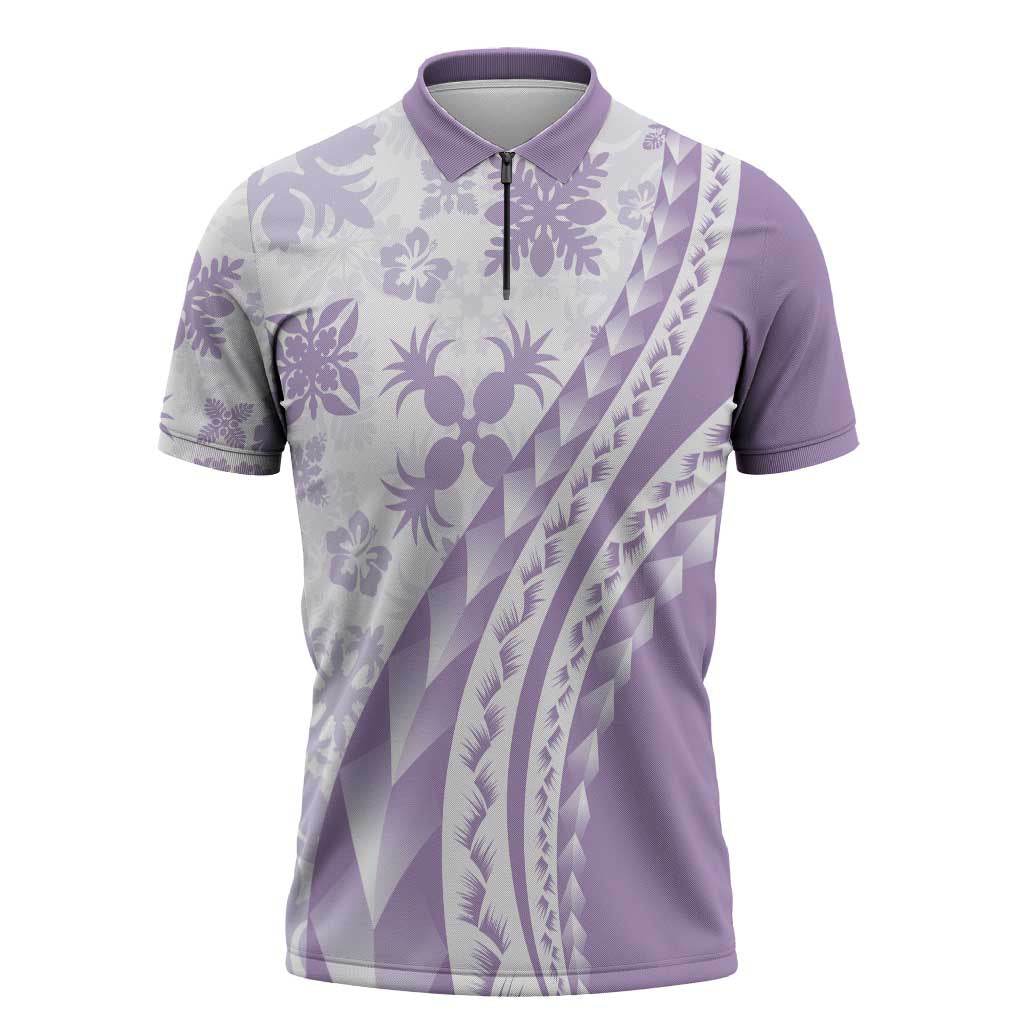 Purple Hawaiian Quilt Pattern Zipper Polo Shirt Mixed Polynesian Tribal Arty - Polynesian Pride