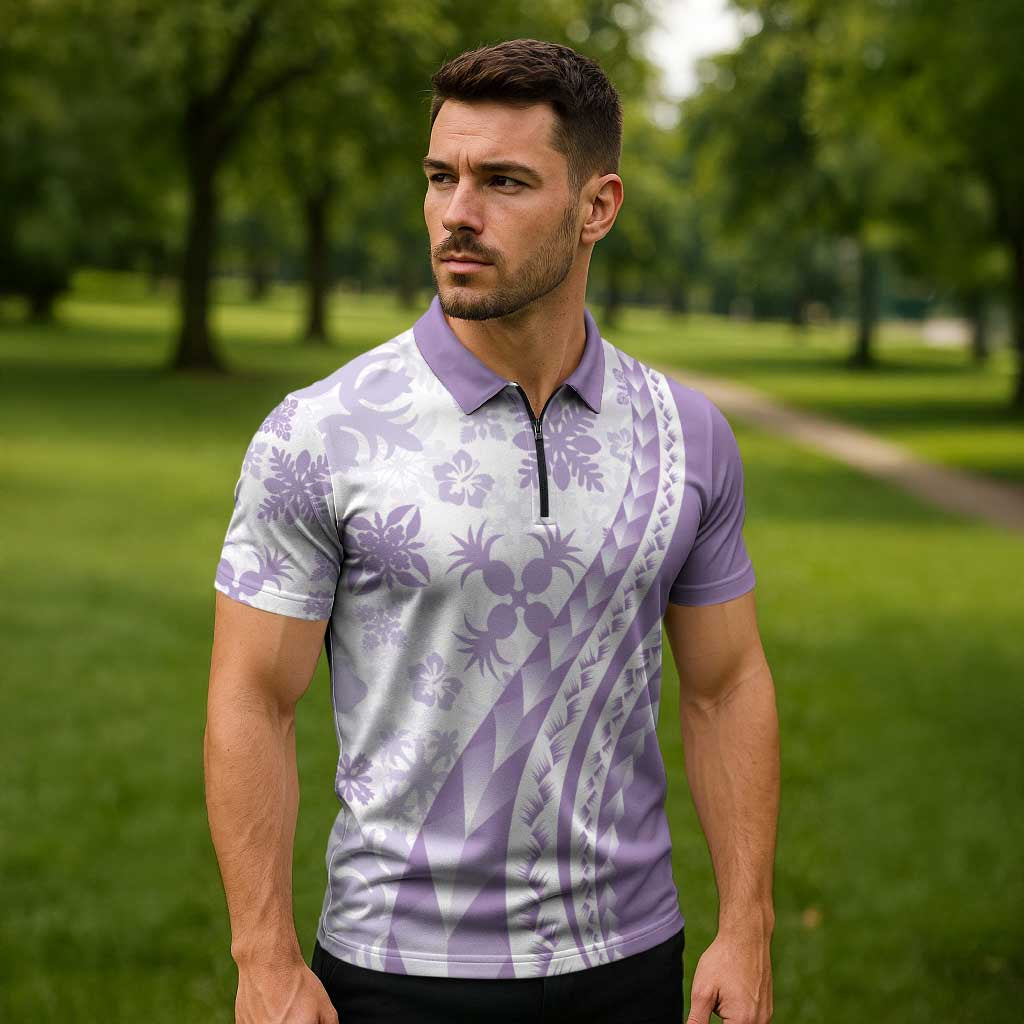 Purple Hawaiian Quilt Pattern Zipper Polo Shirt Mixed Polynesian Tribal Arty - Polynesian Pride