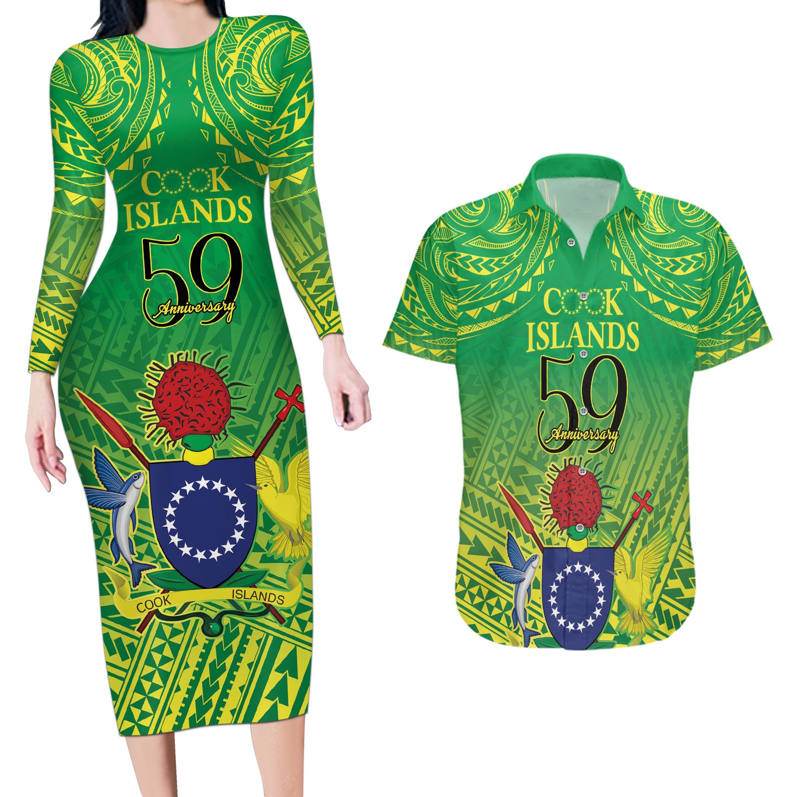 Cook Islands Constitution Day Couples Matching Long Sleeve Bodycon Dress and Hawaiian Shirt Kuki Airani Since 1965 LT9 Green - Polynesian Pride