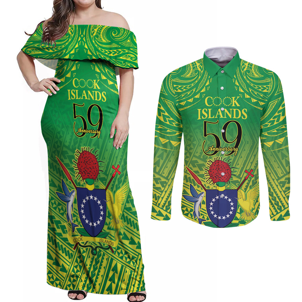 Cook Islands Constitution Day Couples Matching Off Shoulder Maxi Dress and Long Sleeve Button Shirt Kuki Airani Since 1965 LT9 Green - Polynesian Pride