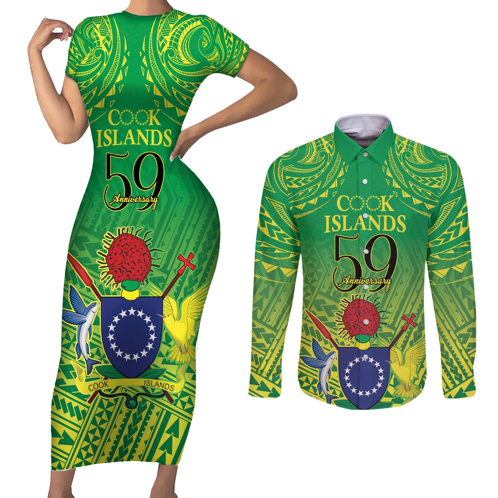 Cook Islands Constitution Day Couples Matching Short Sleeve Bodycon Dress and Long Sleeve Button Shirt Kuki Airani Since 1965 LT9 Green - Polynesian Pride