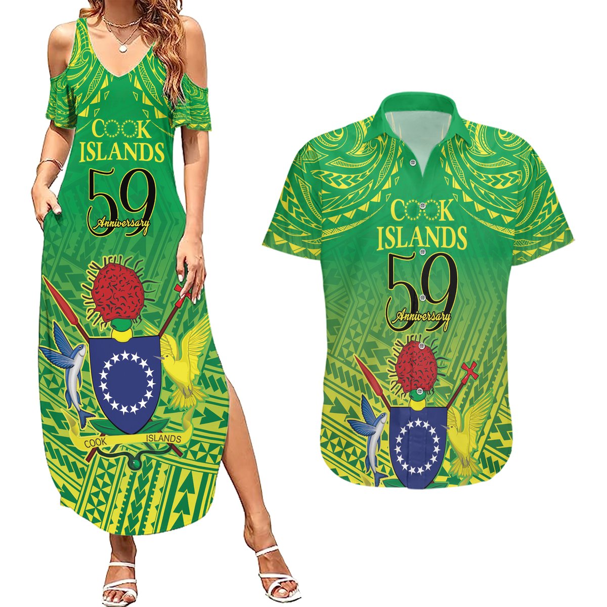 Cook Islands Constitution Day Couples Matching Summer Maxi Dress and Hawaiian Shirt Kuki Airani Since 1965 LT9 Green - Polynesian Pride