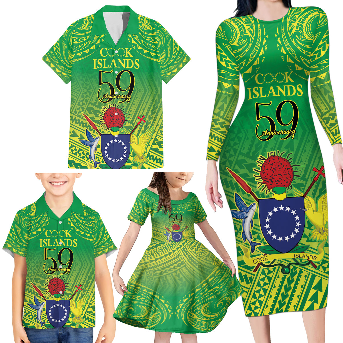 Cook Islands Constitution Day Family Matching Long Sleeve Bodycon Dress and Hawaiian Shirt Kuki Airani Since 1965