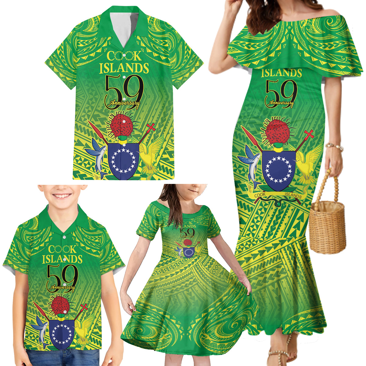 Cook Islands Constitution Day Family Matching Mermaid Dress and Hawaiian Shirt Kuki Airani Since 1965