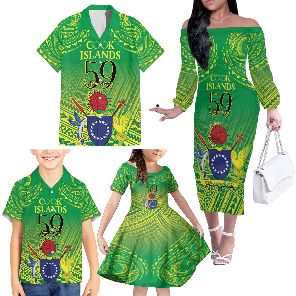 Cook Islands Constitution Day Family Matching Off The Shoulder Long Sleeve Dress and Hawaiian Shirt Kuki Airani Since 1965