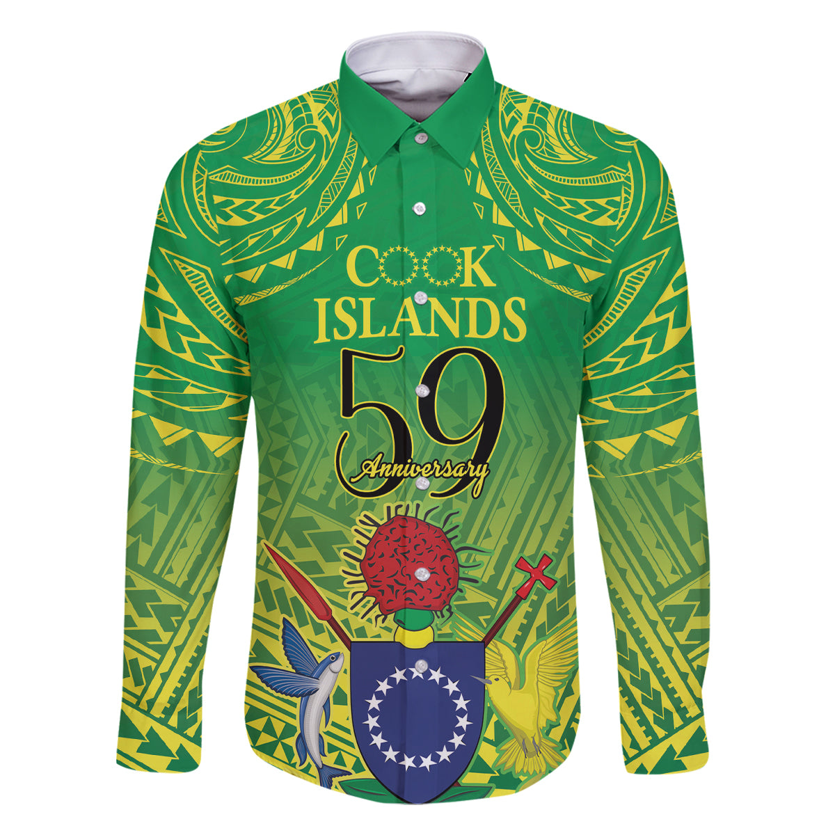 Cook Islands Constitution Day Family Matching Off The Shoulder Long Sleeve Dress and Hawaiian Shirt Kuki Airani Since 1965 LT9 Dad's Shirt - Long Sleeve Green - Polynesian Pride