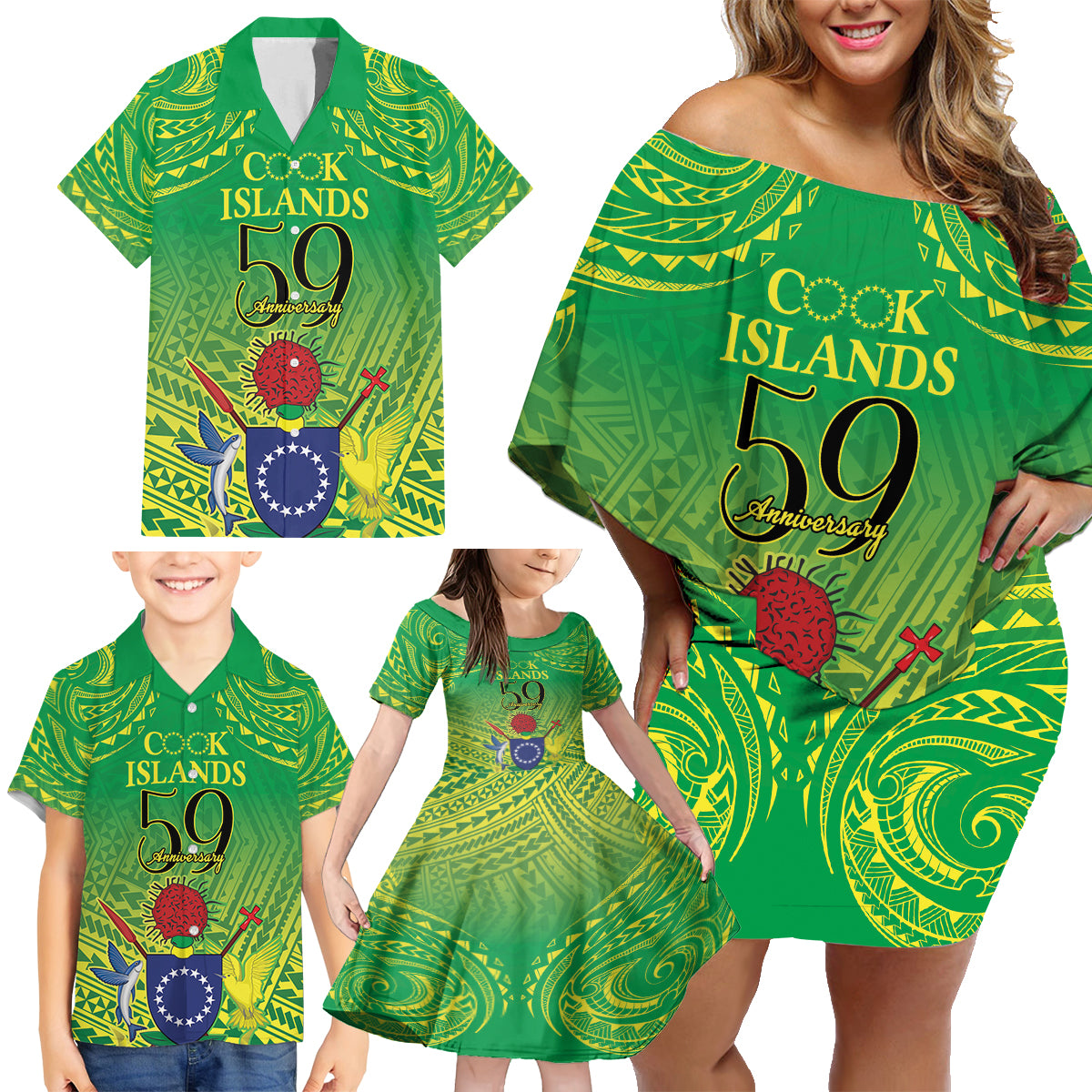 Cook Islands Constitution Day Family Matching Off Shoulder Short Dress and Hawaiian Shirt Kuki Airani Since 1965