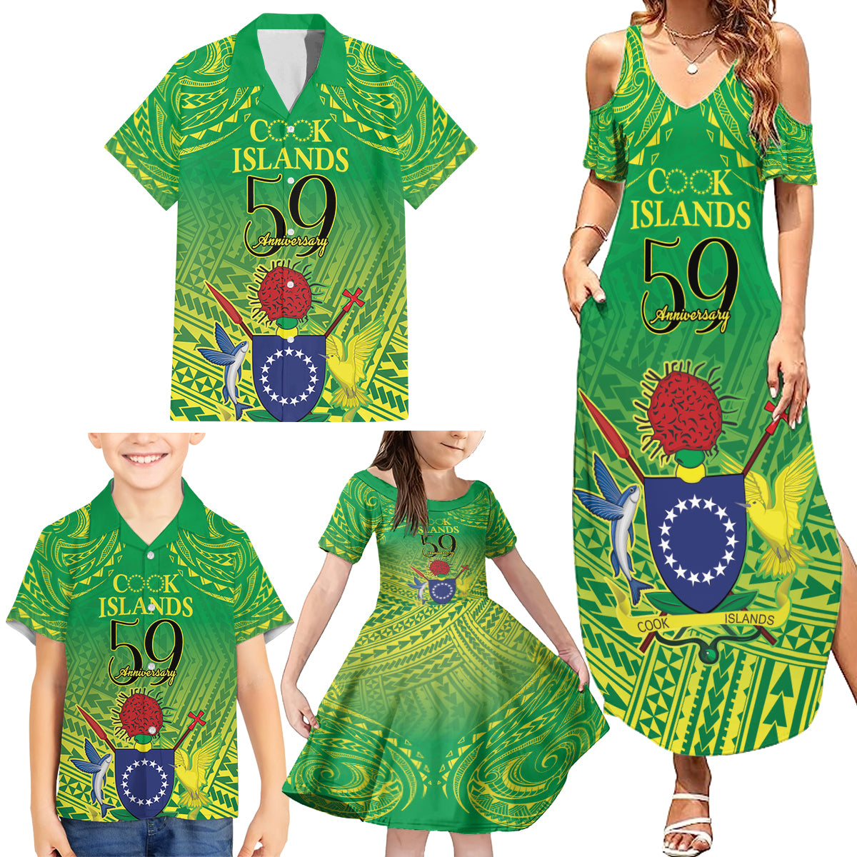 Cook Islands Constitution Day Family Matching Summer Maxi Dress and Hawaiian Shirt Kuki Airani Since 1965