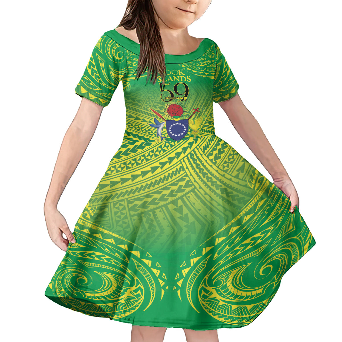 Cook Islands Constitution Day Kid Short Sleeve Dress Kuki Airani Since 1965 LT9 KID Green - Polynesian Pride