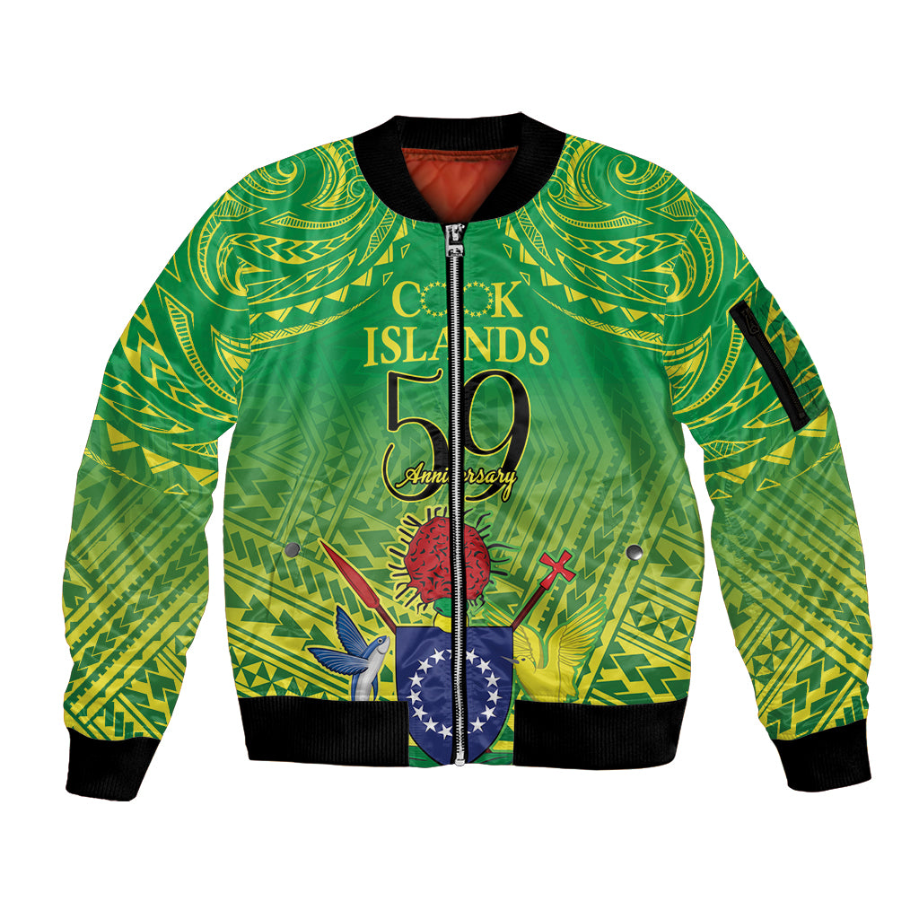 Cook Islands Constitution Day Sleeve Zip Bomber Jacket Kuki Airani Since 1965 LT9 Unisex Green - Polynesian Pride