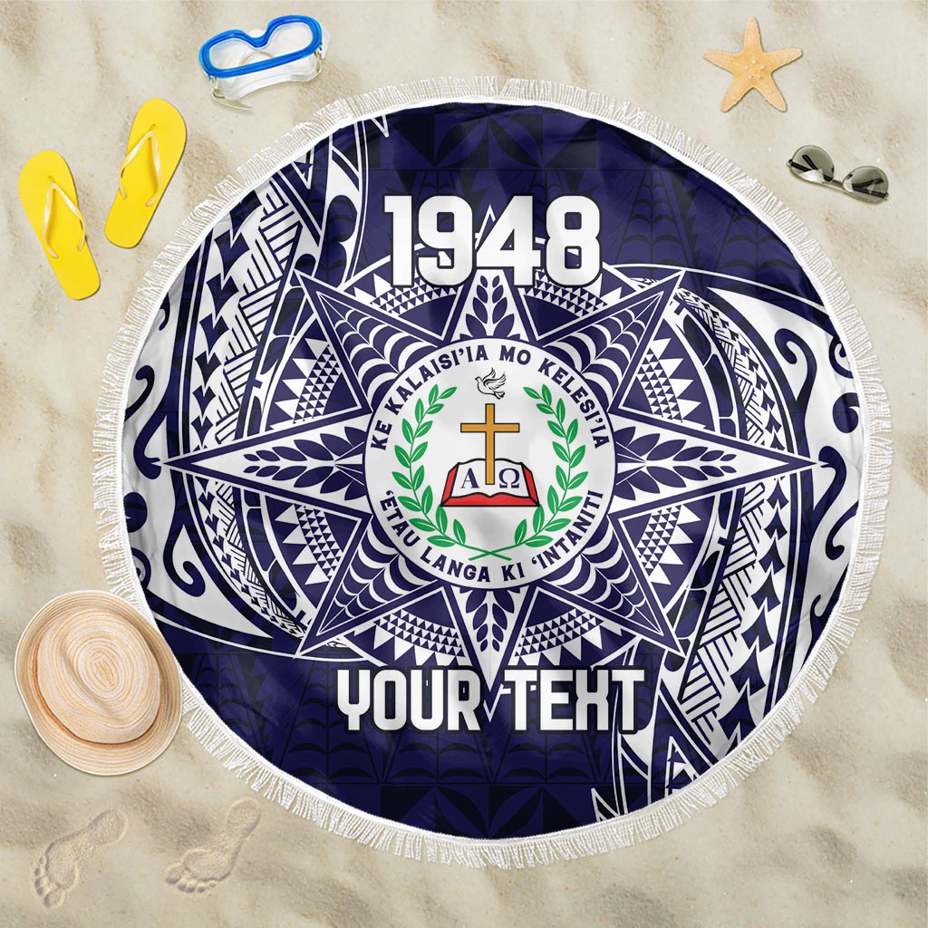 Personalised Tonga Sia'atoutai Theological College Beach Blanket Since 1948 Special Kupesi Pattern LT9 One Size 150cm Navy - Polynesian Pride