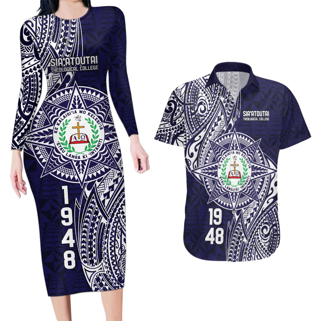 Personalised Tonga Sia'atoutai Theological College Couples Matching Long Sleeve Bodycon Dress and Hawaiian Shirt Since 1948 Special Kupesi Pattern LT9 Navy - Polynesian Pride