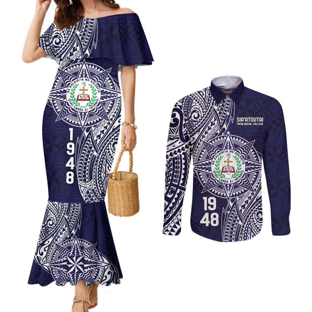 Personalised Tonga Sia'atoutai Theological College Couples Matching Mermaid Dress and Long Sleeve Button Shirt Since 1948 Special Kupesi Pattern