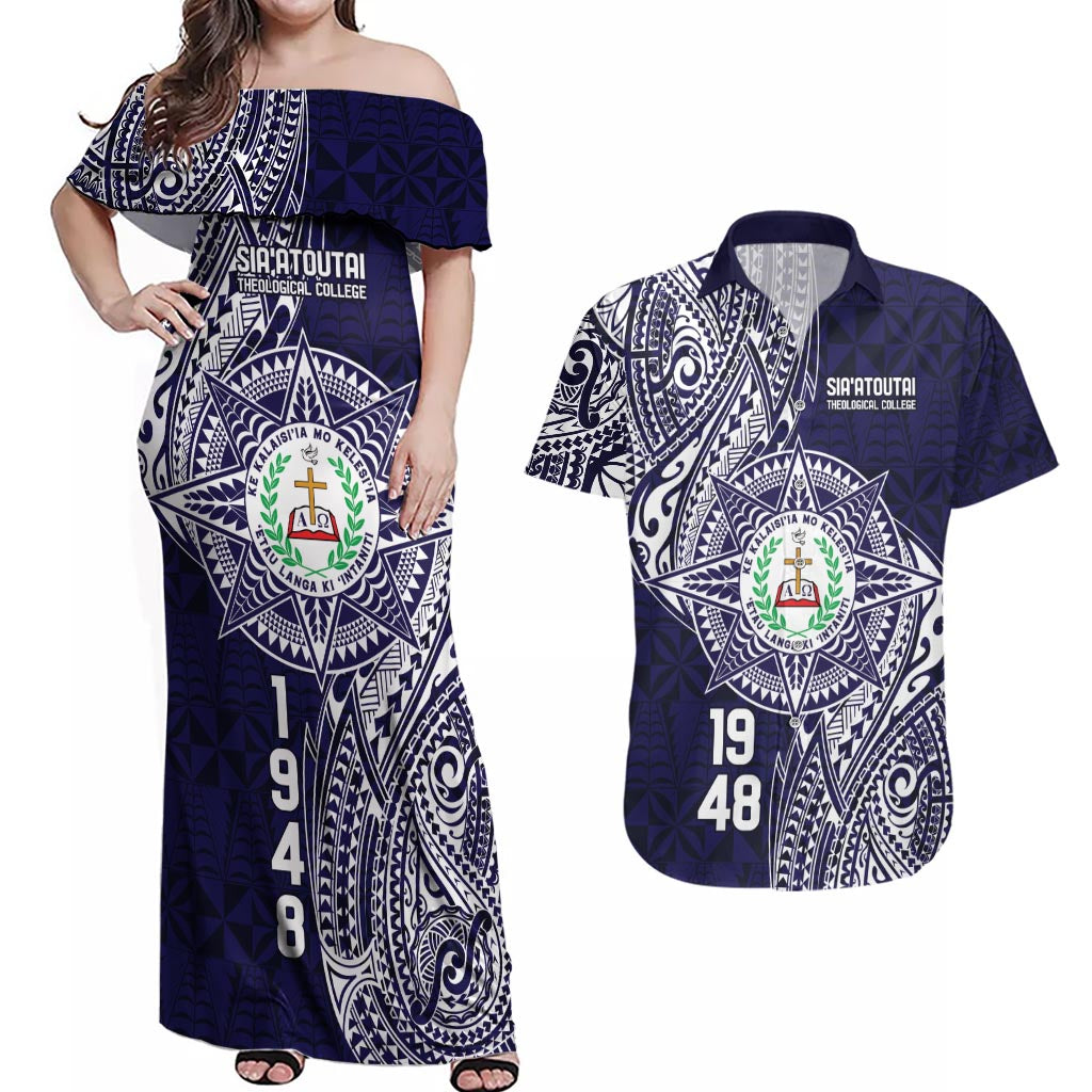 Personalised Tonga Sia'atoutai Theological College Couples Matching Off Shoulder Maxi Dress and Hawaiian Shirt Since 1948 Special Kupesi Pattern