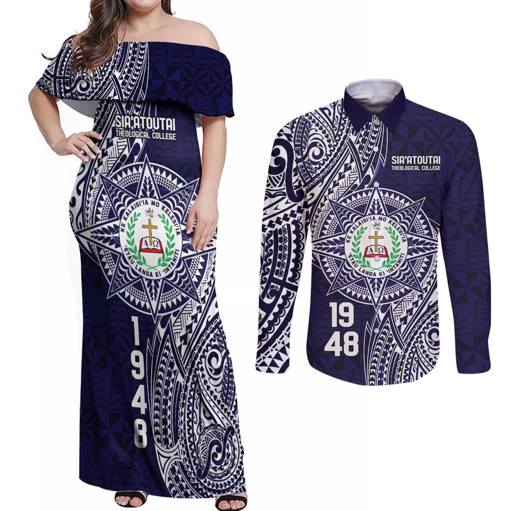 Personalised Tonga Sia'atoutai Theological College Couples Matching Off Shoulder Maxi Dress and Long Sleeve Button Shirt Since 1948 Special Kupesi Pattern