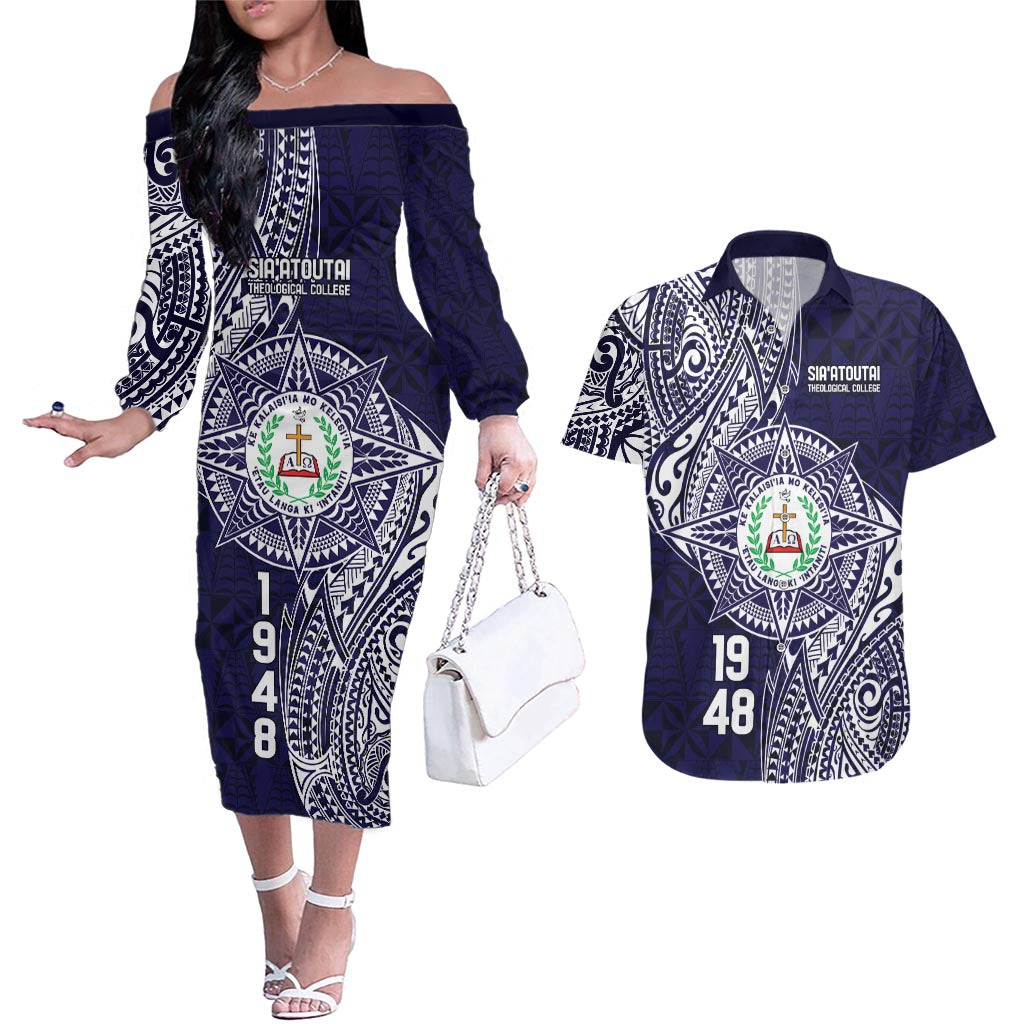 Personalised Tonga Sia'atoutai Theological College Couples Matching Off The Shoulder Long Sleeve Dress and Hawaiian Shirt Since 1948 Special Kupesi Pattern LT9 Navy - Polynesian Pride