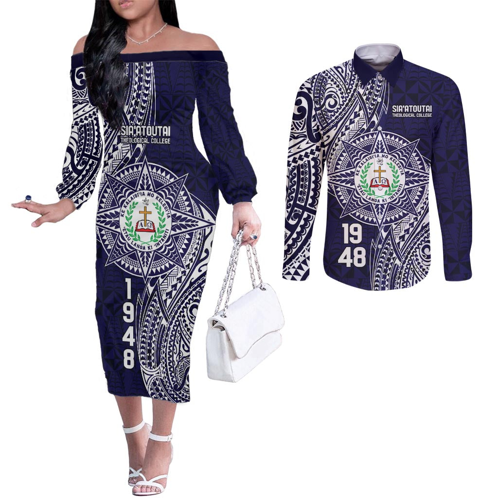 Personalised Tonga Sia'atoutai Theological College Couples Matching Off The Shoulder Long Sleeve Dress and Long Sleeve Button Shirt Since 1948 Special Kupesi Pattern