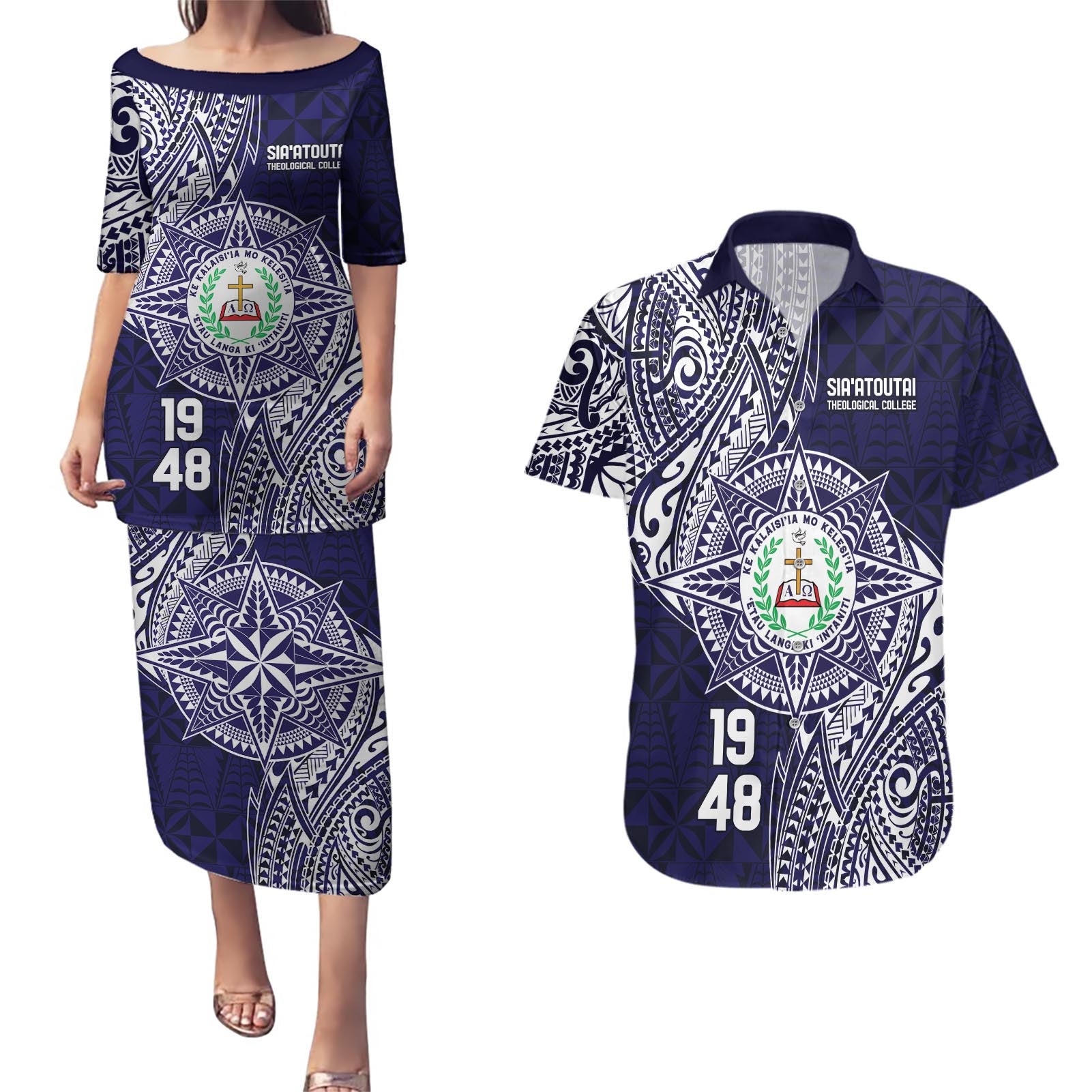 Personalised Tonga Sia'atoutai Theological College Couples Matching Puletasi and Hawaiian Shirt Since 1948 Special Kupesi Pattern