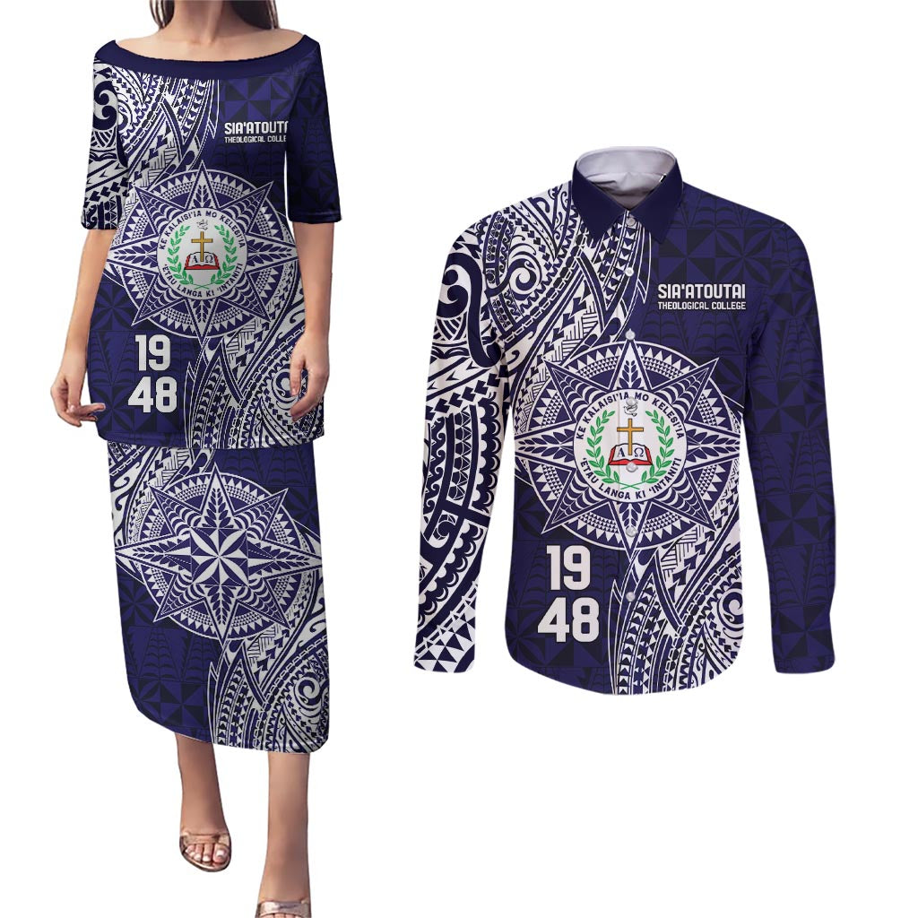 Personalised Tonga Sia'atoutai Theological College Couples Matching Puletasi and Long Sleeve Button Shirt Since 1948 Special Kupesi Pattern LT9 Navy - Polynesian Pride