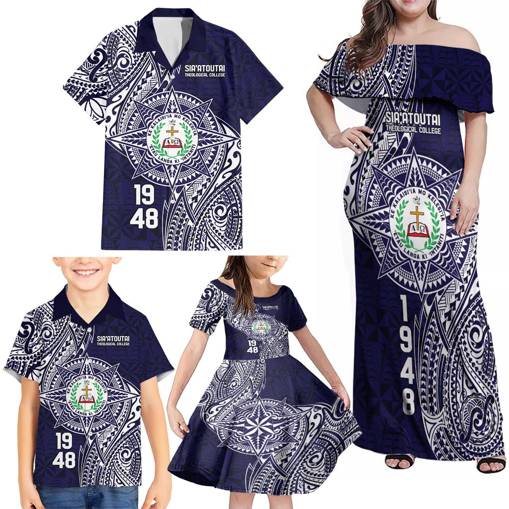 Personalised Tonga Sia'atoutai Theological College Family Matching Off Shoulder Maxi Dress and Hawaiian Shirt Since 1948 Special Kupesi Pattern