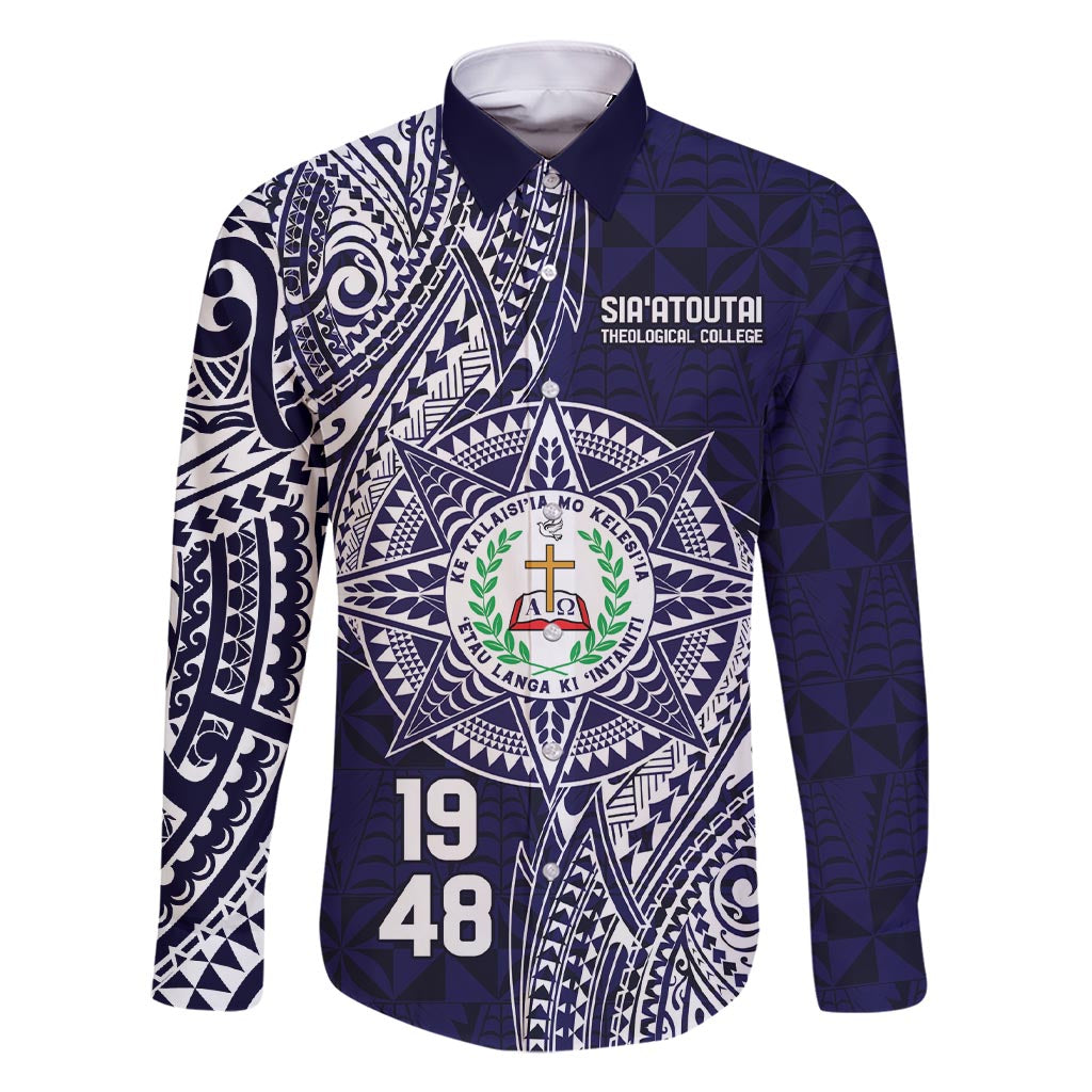 Personalised Tonga Sia'atoutai Theological College Family Matching Short Sleeve Bodycon Dress and Hawaiian Shirt Since 1948 Special Kupesi Pattern LT9 Dad's Shirt - Long Sleeve Navy - Polynesian Pride