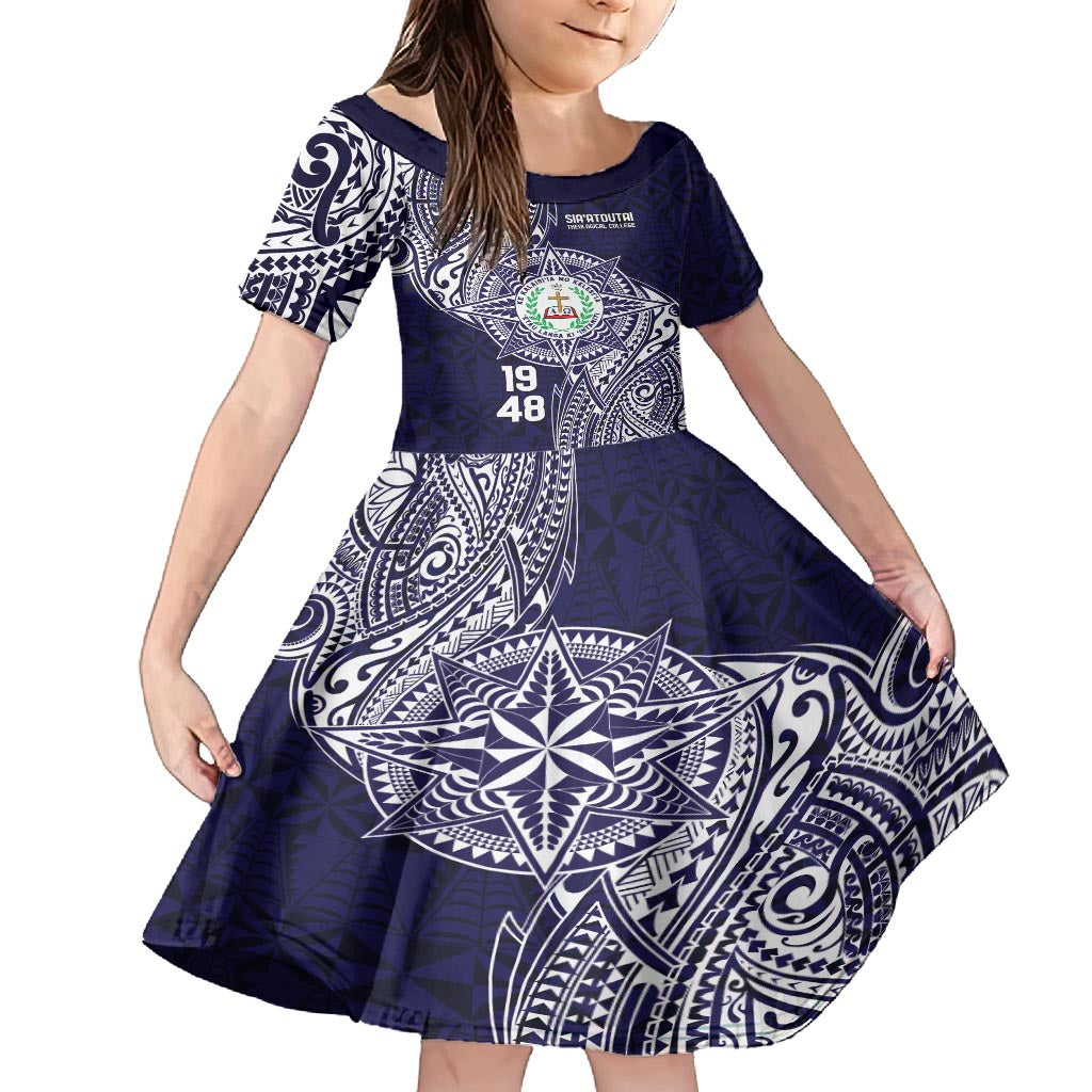 Personalised Tonga Sia'atoutai Theological College Family Matching Tank Maxi Dress and Hawaiian Shirt Since 1948 Special Kupesi Pattern LT9 Daughter's Dress Navy - Polynesian Pride