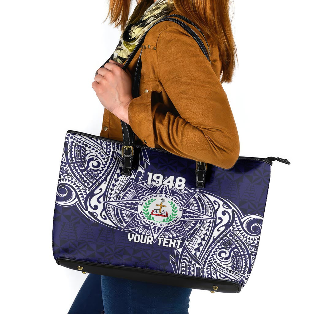 Personalised Tonga Sia'atoutai Theological College Leather Tote Bag Since 1948 Special Kupesi Pattern LT9 Navy - Polynesian Pride