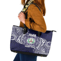 Personalised Tonga Sia'atoutai Theological College Leather Tote Bag Since 1948 Special Kupesi Pattern LT9 Navy - Polynesian Pride