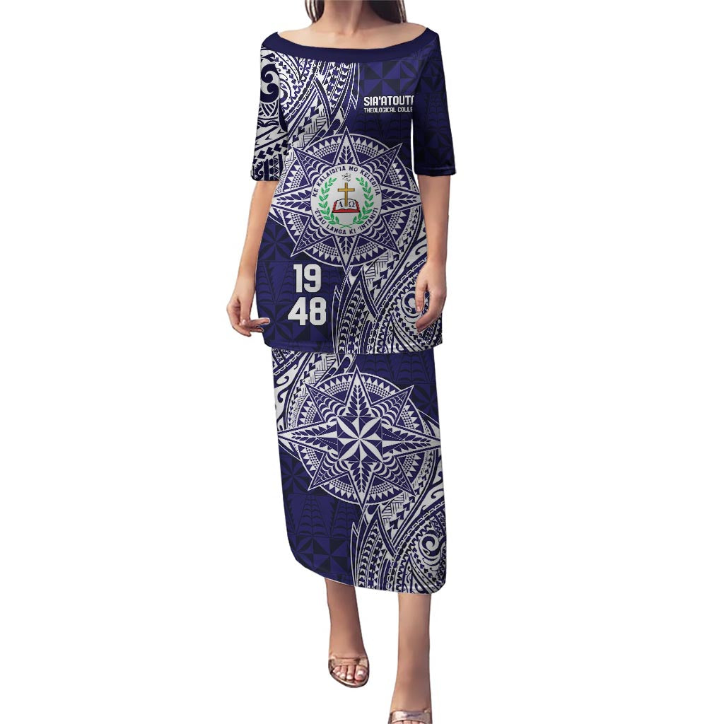 Personalised Tonga Sia'atoutai Theological College Puletasi Since 1948 Special Kupesi Pattern LT9 Long Dress Navy - Polynesian Pride