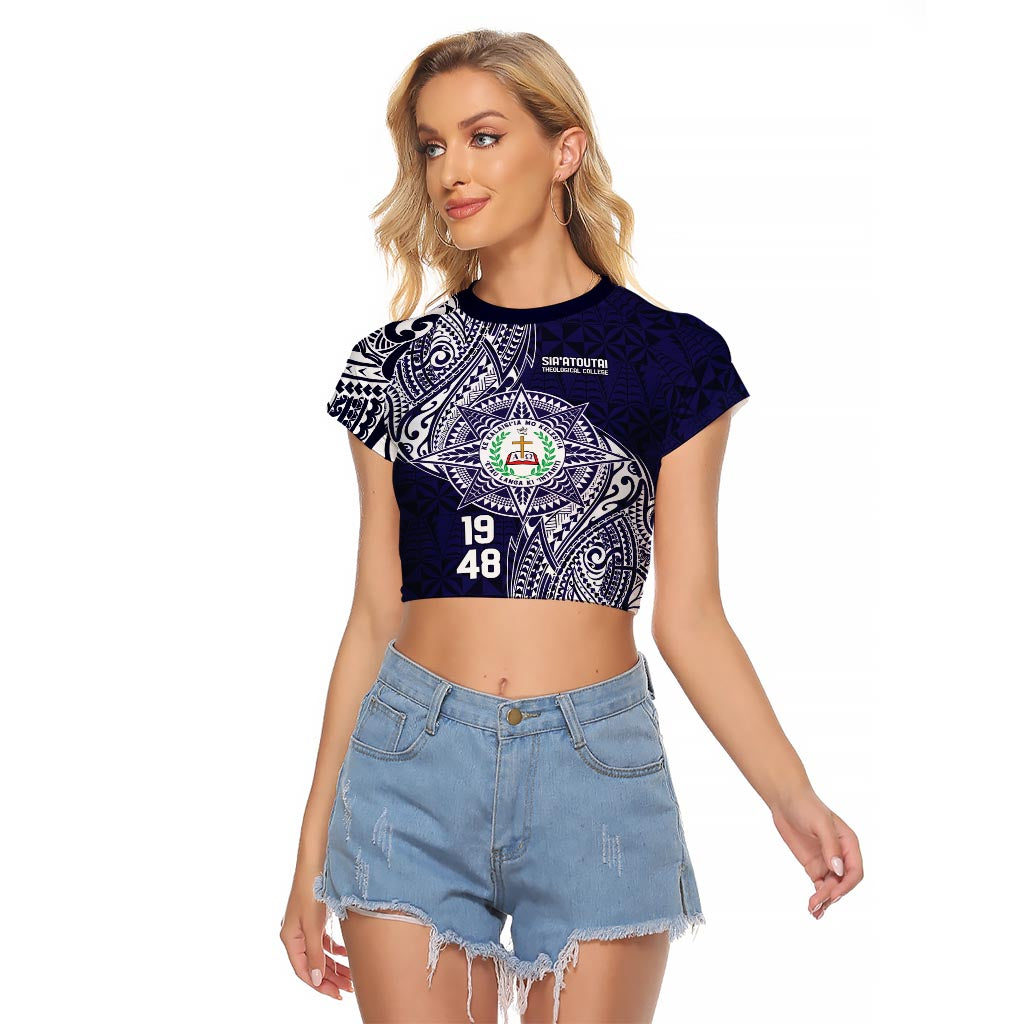 Personalised Tonga Sia'atoutai Theological College Raglan Cropped T Shirt Since 1948 Special Kupesi Pattern LT9 Female Navy - Polynesian Pride