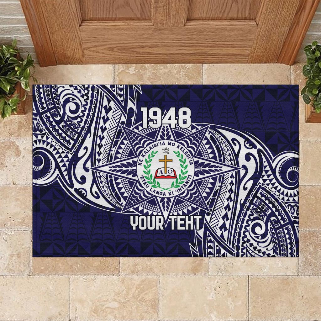 Personalised Tonga Sia'atoutai Theological College Rubber Doormat Since 1948 Special Kupesi Pattern LT9 Navy - Polynesian Pride