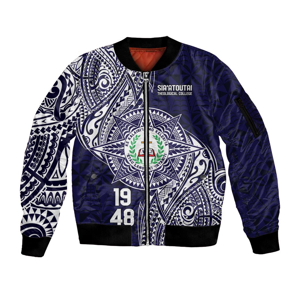 Personalised Tonga Sia'atoutai Theological College Sleeve Zip Bomber Jacket Since 1948 Special Kupesi Pattern LT9 Unisex Navy - Polynesian Pride